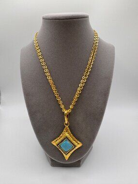 Bronzallure Italy Gold Tone Pendant Necklace Blue Stone Statement 20” Textured
